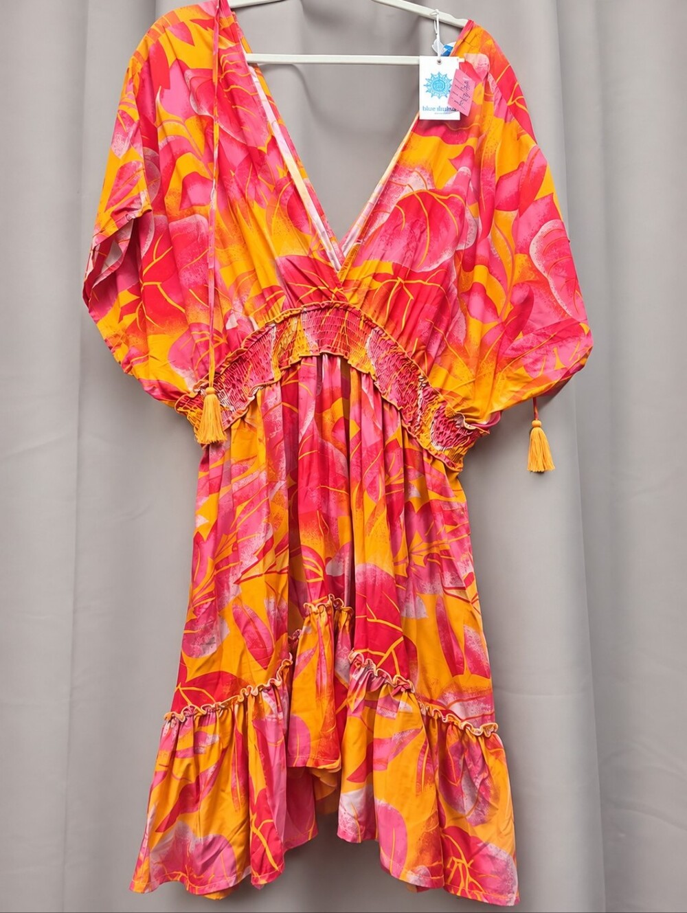 Blue Island Pink & Yellow Floral V-Neck Smocked Waist Poolside Dress Size 2X